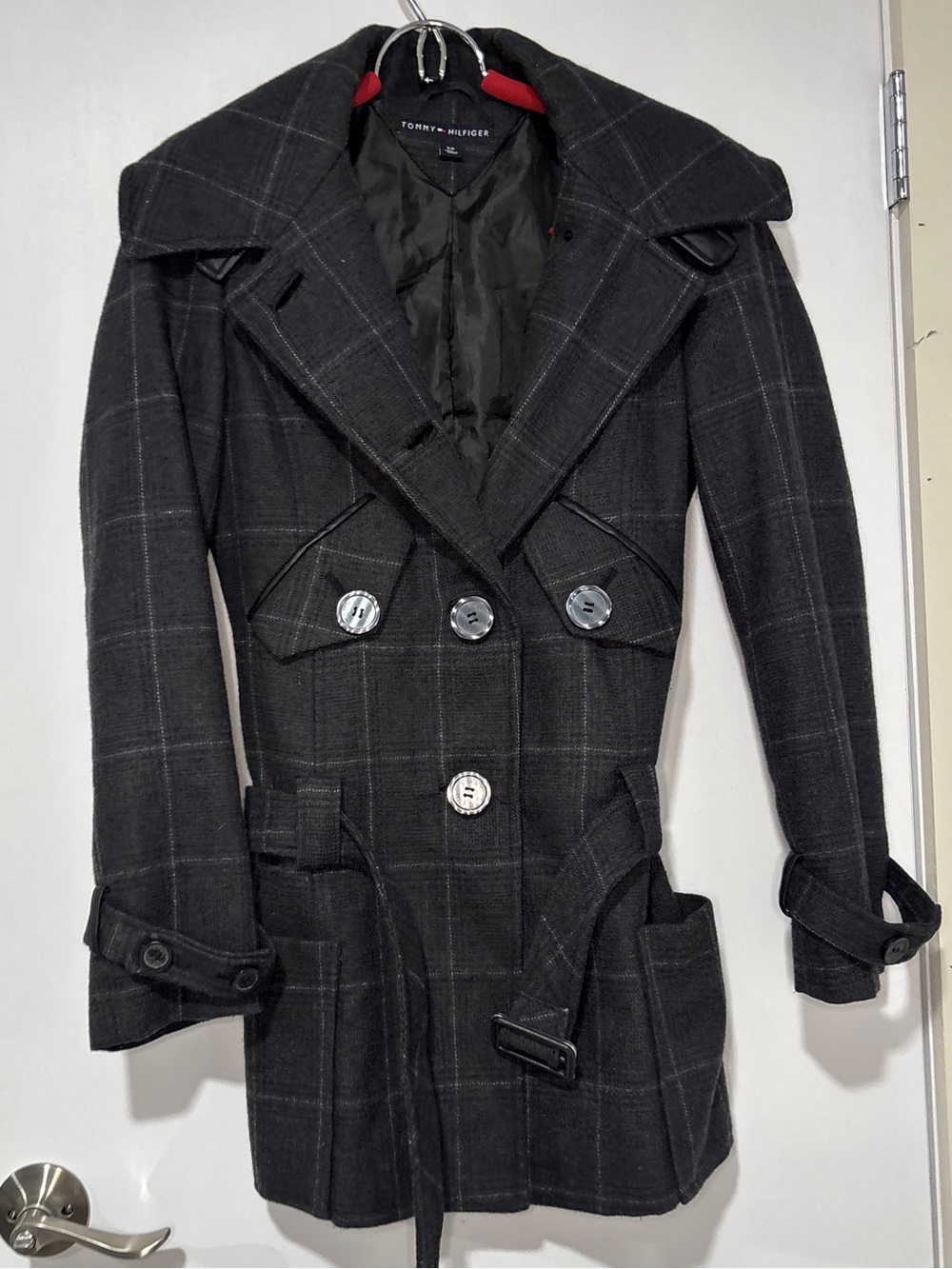 Tommy Hilfiger Wool Blend Plaid Belted Pea Coat Trench Jacket Charcoal Grey S/P